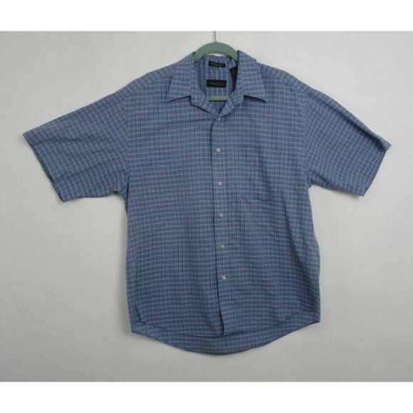 Men Van Heusen Dress Shirt Sz L 16 -16 1/2 Grey W/Black Stripe Plaid Shrt Sleeve - Picture 1 of 6